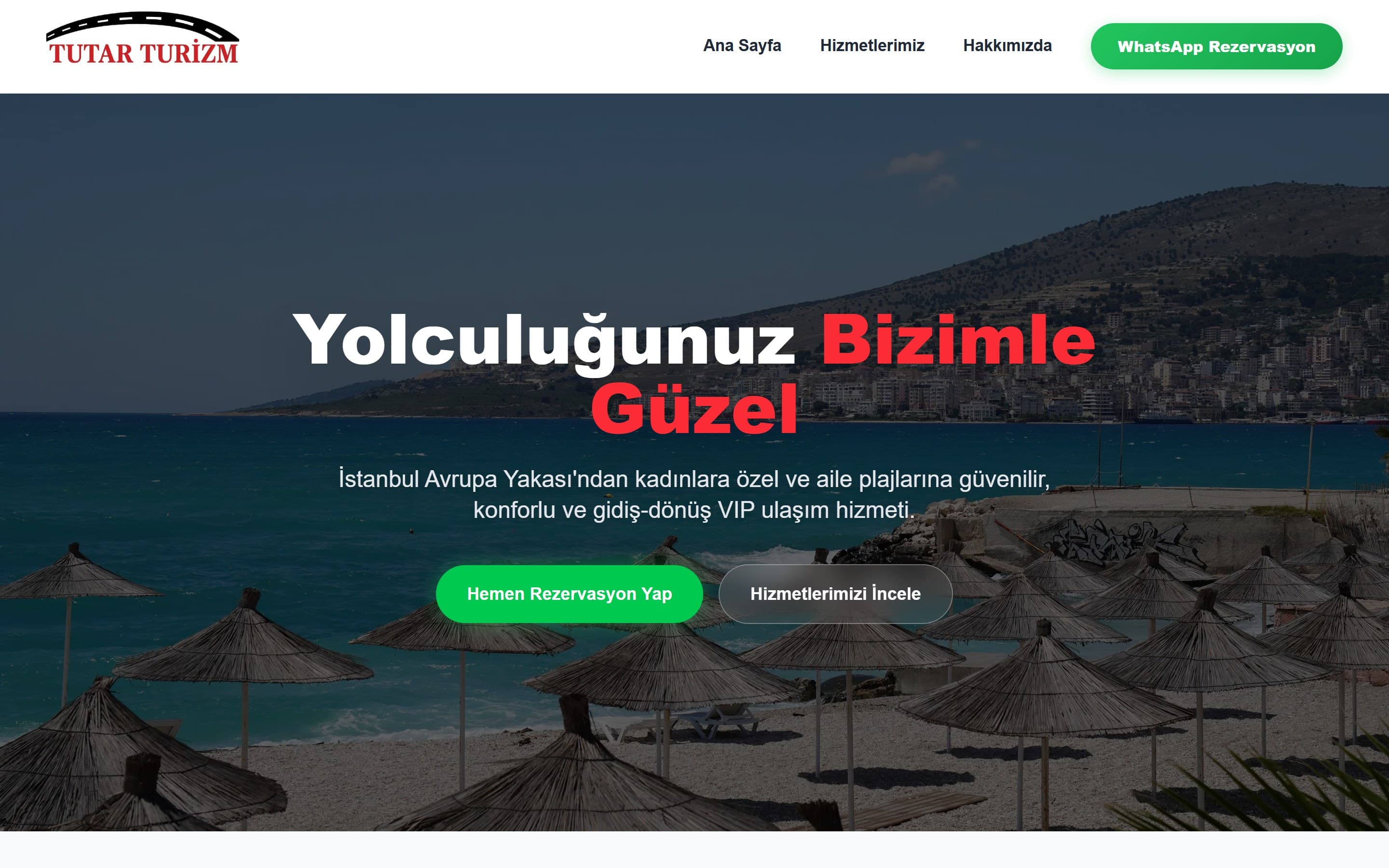 Ulaşım hizmeti sitesinin ana ekranı: tam genişlikte sahil fotoğrafı üzerinde başlık ve rezervasyon butonu